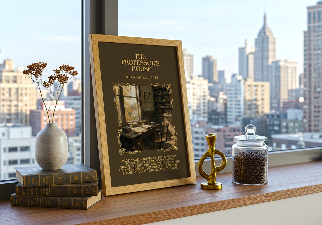 The Professor's House Minimalist Book Poster by Willa Cather – framed print on a city-view windowsill
