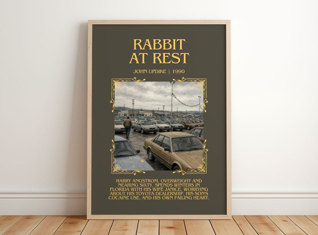Rabbit at Rest Minimalist Book Poster by John Updike – framed print leaning on a wooden floor