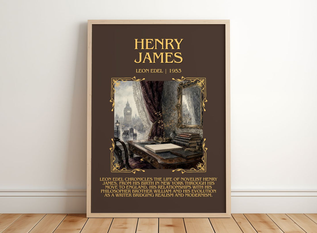 Henry James Minimalist Book Poster by Leon Edel – framed print leaning on a wooden floor
