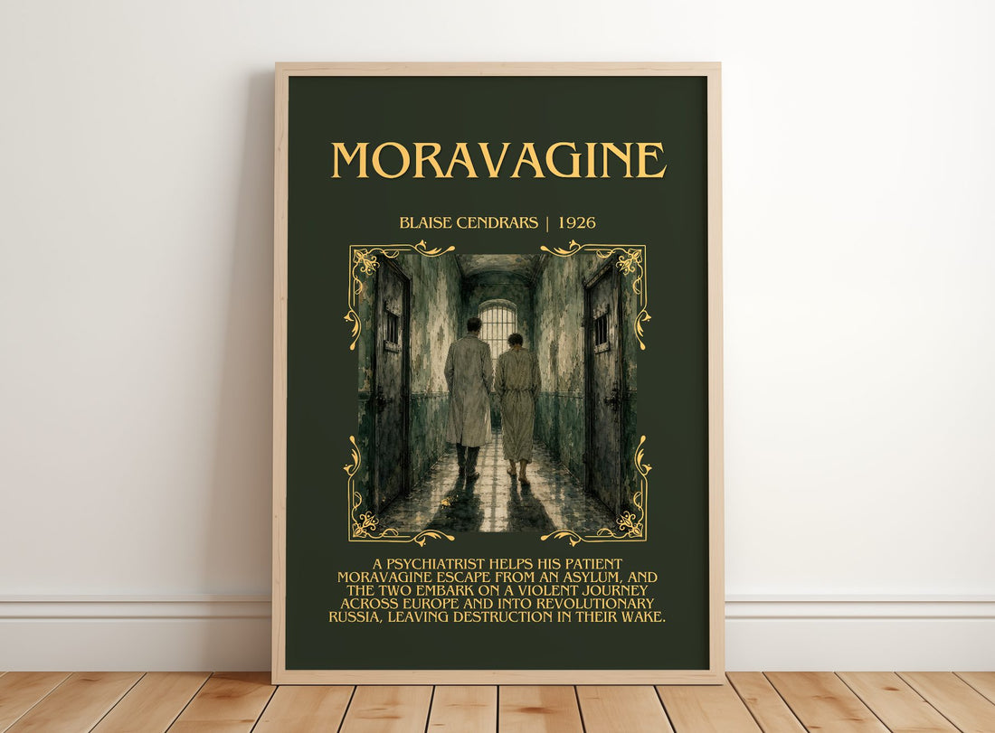 Moravagine Minimalist Book Poster by Blaise Cendrars – framed print leaning on a wooden floor