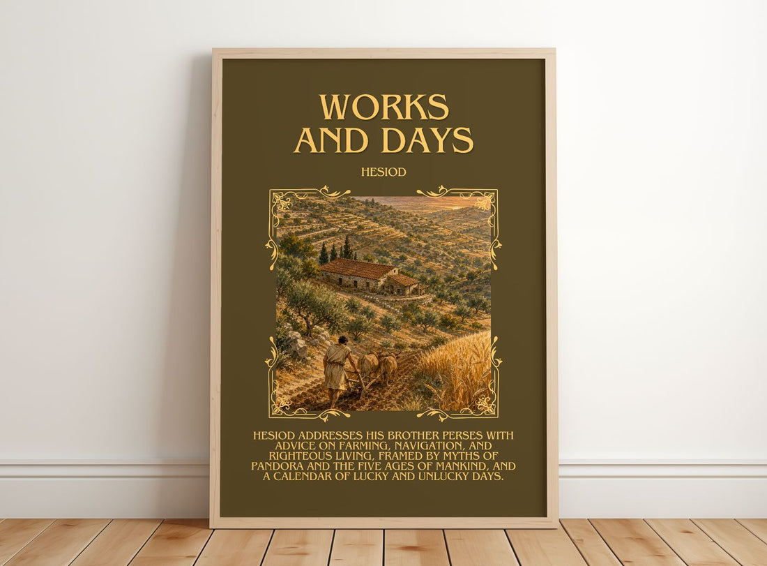 Works and Days Minimalist Book Poster by Hesiod – framed print leaning on a wooden floor