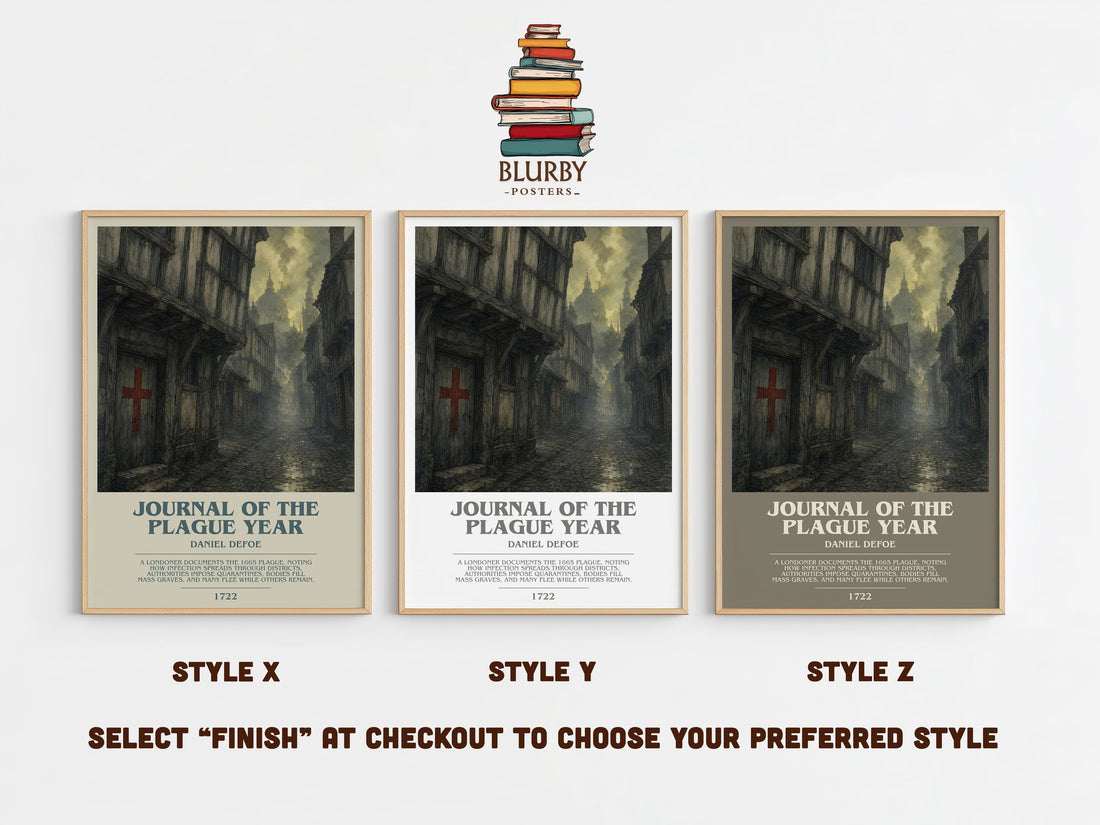 Journal Of The Plague Year bookish print in frame leaning in hallway – historical fiction wall art (mockup)