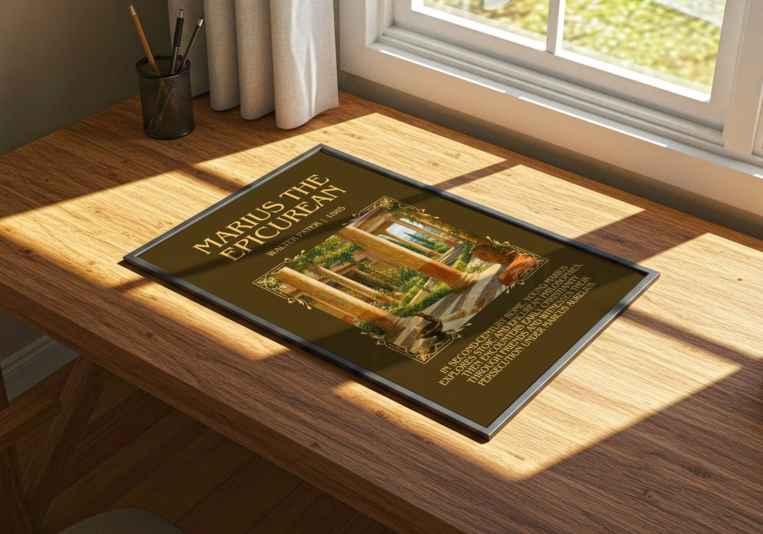 Marius the Epicurean Minimalist Book Poster by Walter Pater – print on a sunlit desk