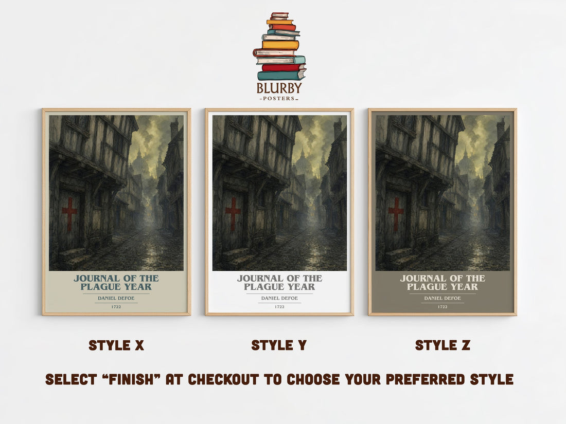 Journal Of The Plague Year book cover print in frame leaning in hallway – historical fiction wall art (mockup)