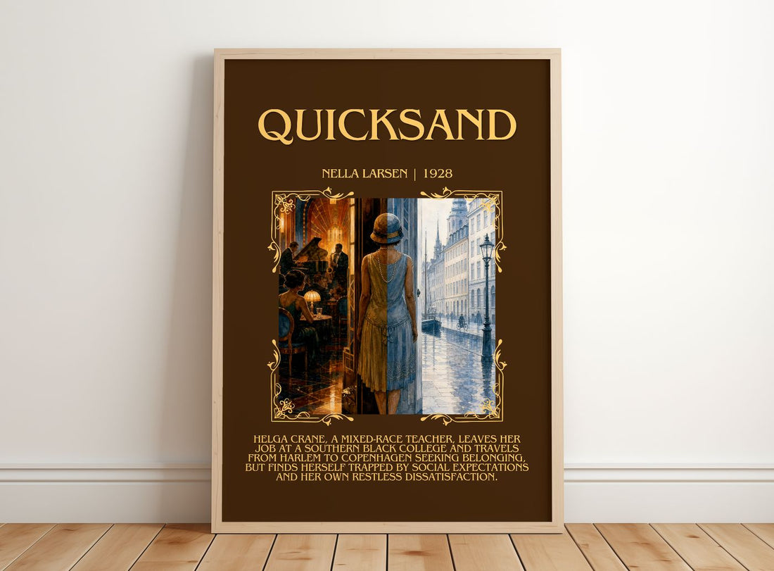 Quicksand Minimalist Book Poster by Nella Larsen – framed print leaning on a wooden floor