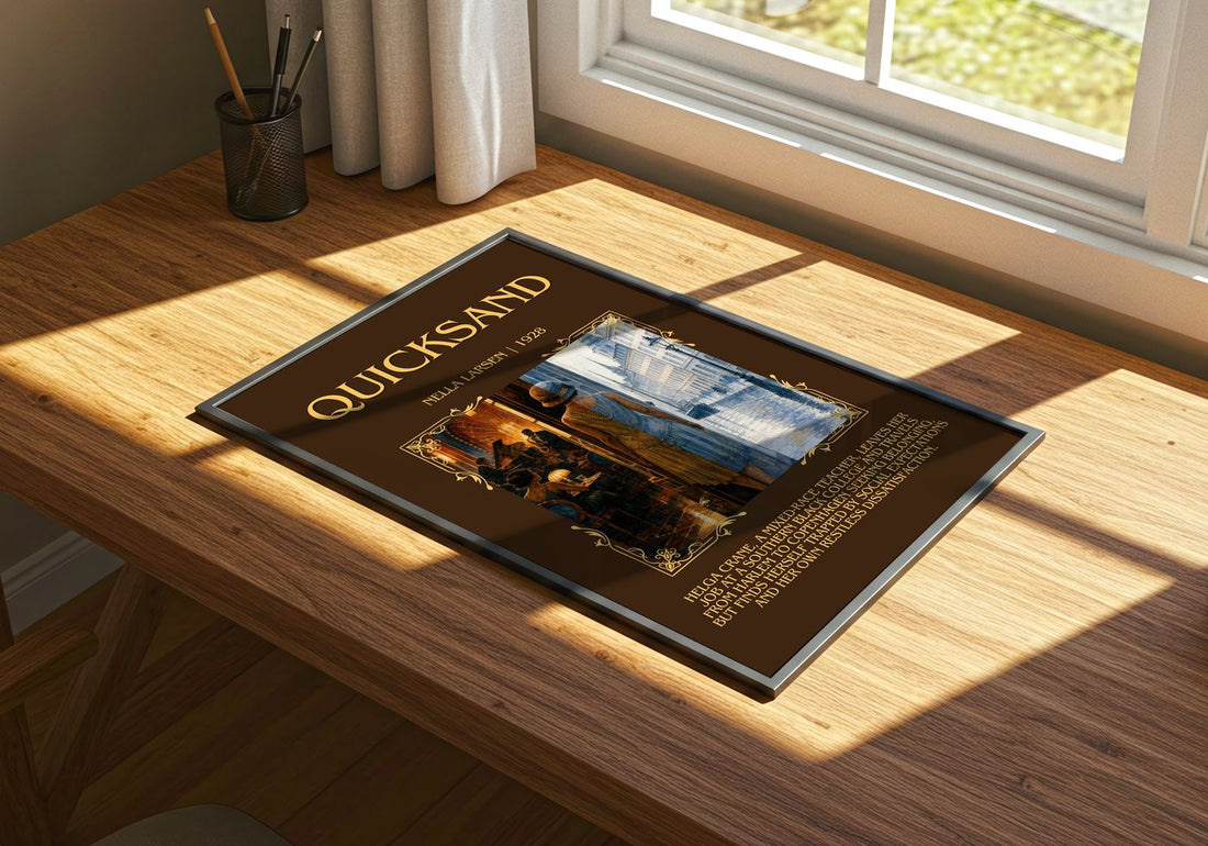 Quicksand Minimalist Book Poster by Nella Larsen – print on a sunlit desk