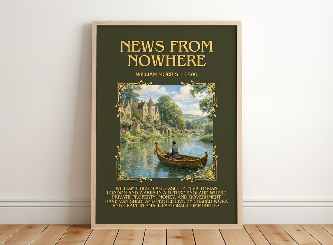News from Nowhere Minimalist Book Poster by William Morris – framed print leaning on a wooden floor