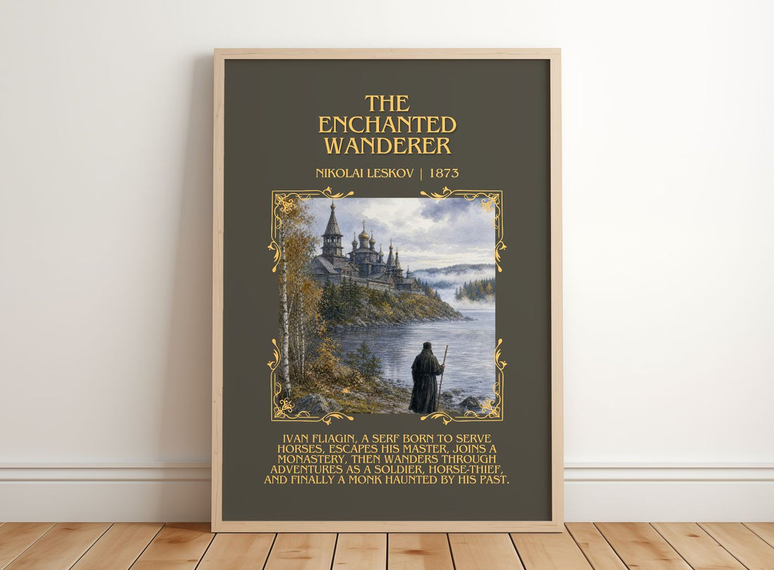 The Enchanted Wanderer Minimalist Book Poster by Nikolai Leskov – framed print leaning on a wooden floor
