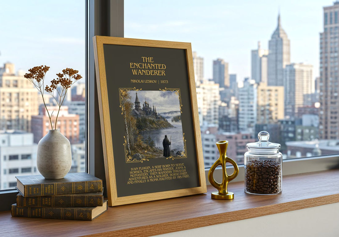 The Enchanted Wanderer Minimalist Book Poster by Nikolai Leskov – framed print on a city-view windowsill
