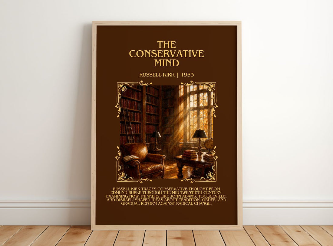 The Conservative Mind Minimalist Book Poster by Russell Kirk – framed print leaning on a wooden floor