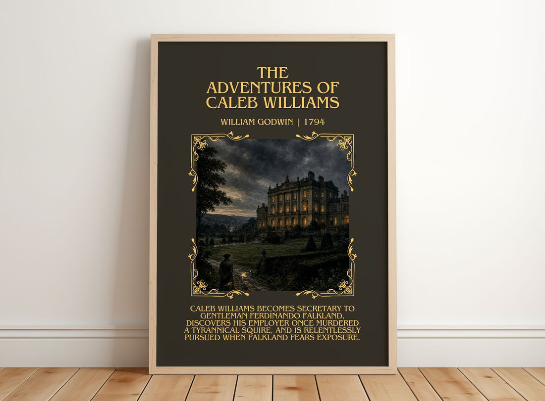 Adventures of Caleb Williams Minimalist Book Poster by William Godwin – framed print leaning on a wooden floor