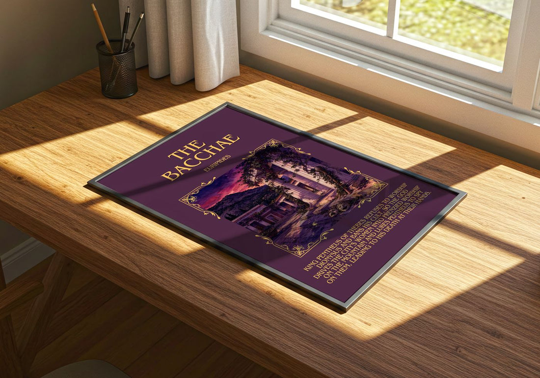 The Bacchae Minimalist Book Poster by Euripides – print on a sunlit desk