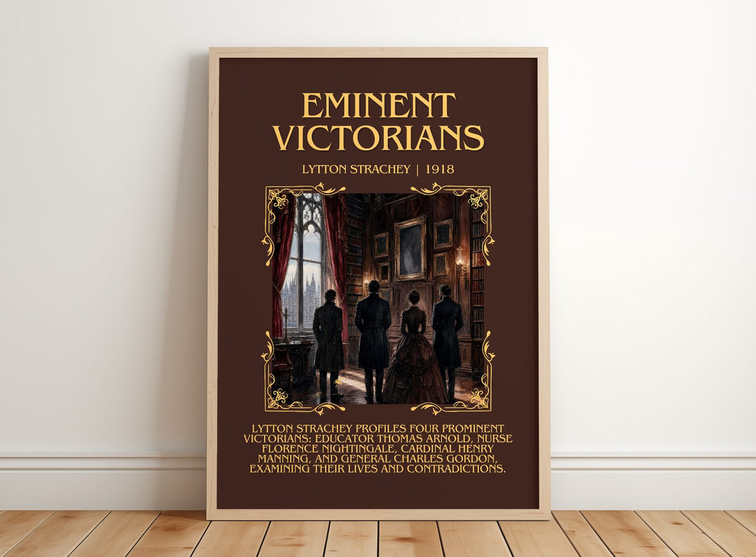 Eminent Victorians Minimalist Book Poster by Lytton Strachey – framed print leaning on a wooden floor