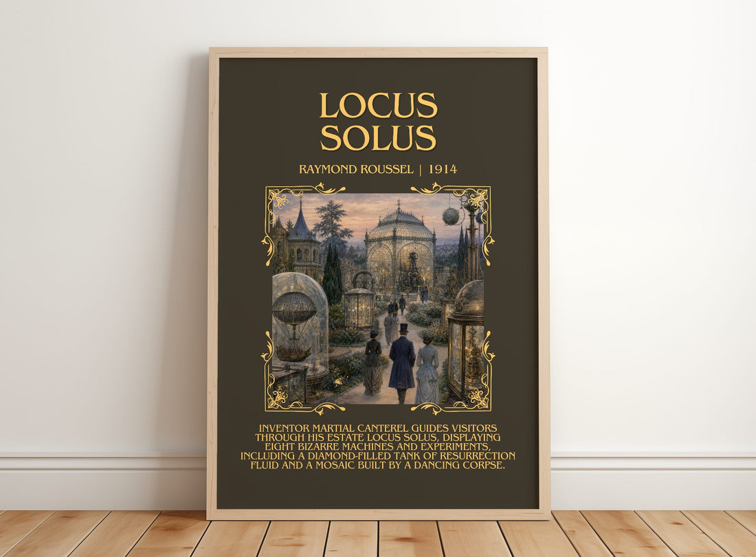 Locus Solus Minimalist Book Poster by Raymond Roussel – framed print leaning on a wooden floor