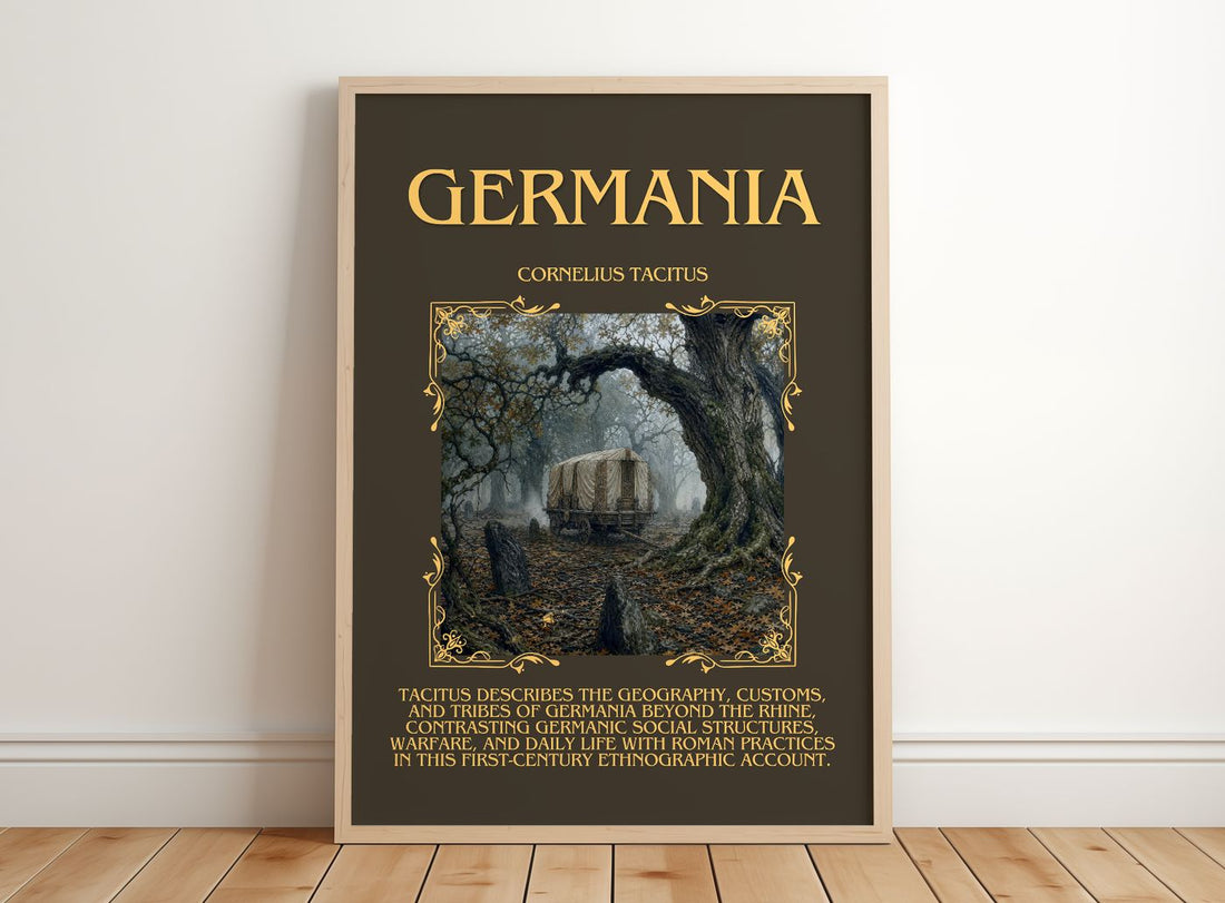 Germania Minimalist Book Poster by Cornelius Tacitus – framed print leaning on a wooden floor