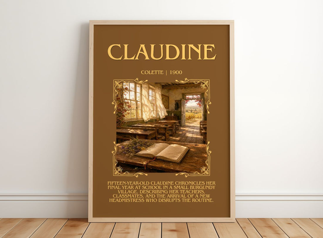Claudine Minimalist Book Poster by Colette – framed print leaning on a wooden floor