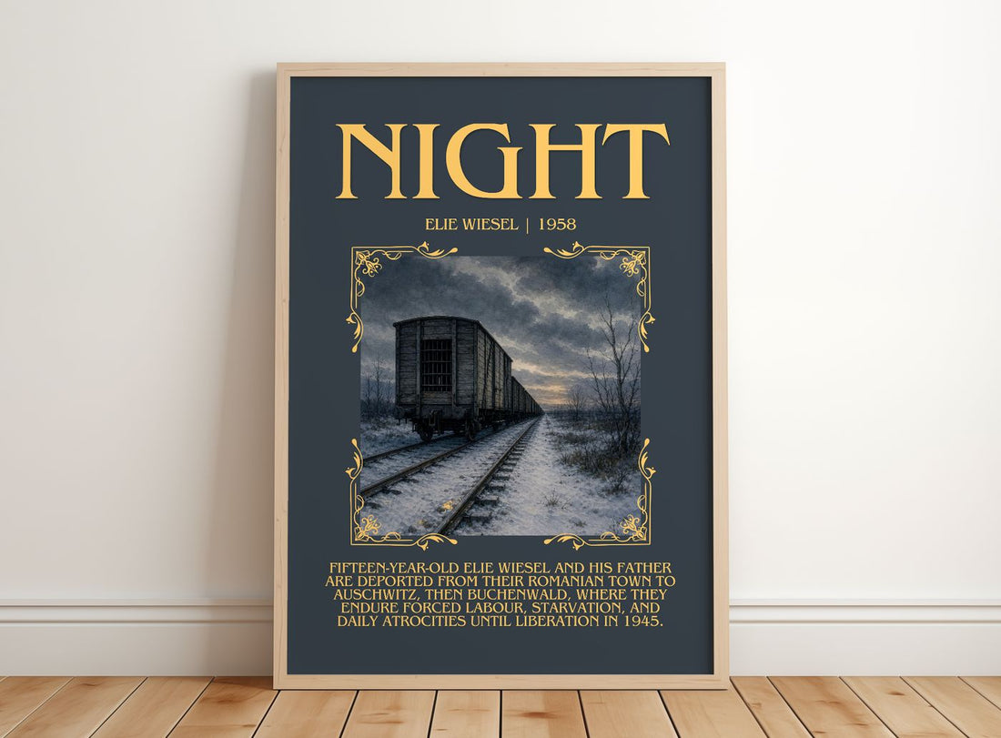 Night Minimalist Book Poster by Elie Wiesel – framed print leaning on a wooden floor