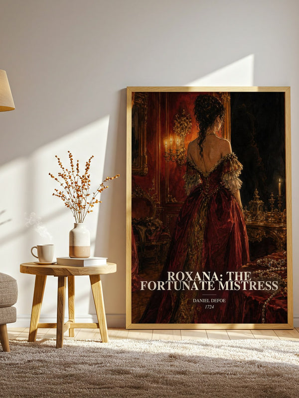 Roxana: The Fortunate Mistress watercolour print in frame leaning in hallway – classic literature wall art