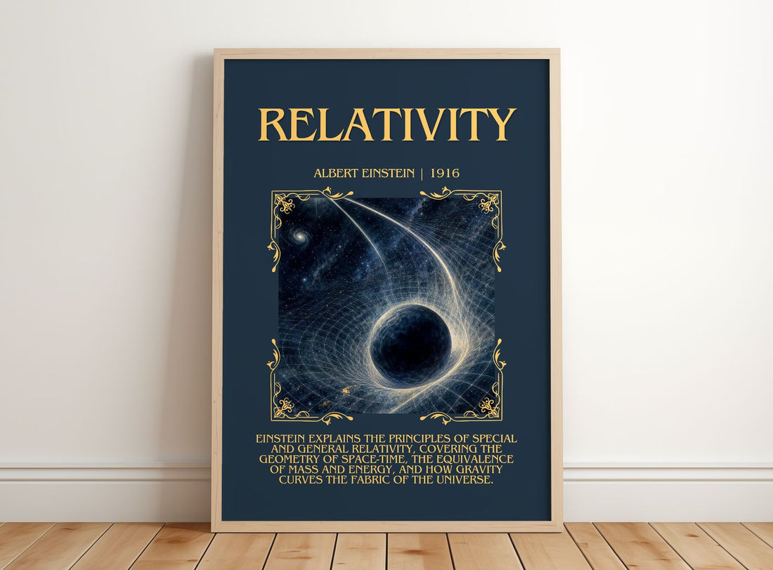 Relativity Minimalist Book Poster by Albert Einstein – framed print leaning on a wooden floor