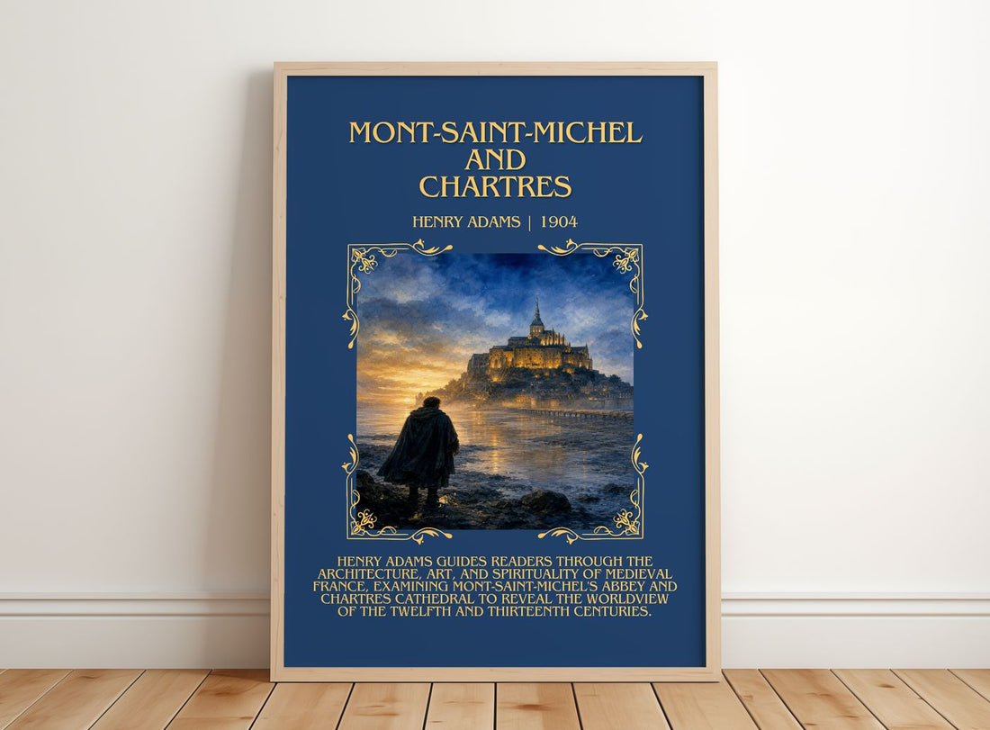Mont-Saint-Michel and Chartres Minimalist Book Poster by Henry Adams – framed print leaning on a wooden floor
