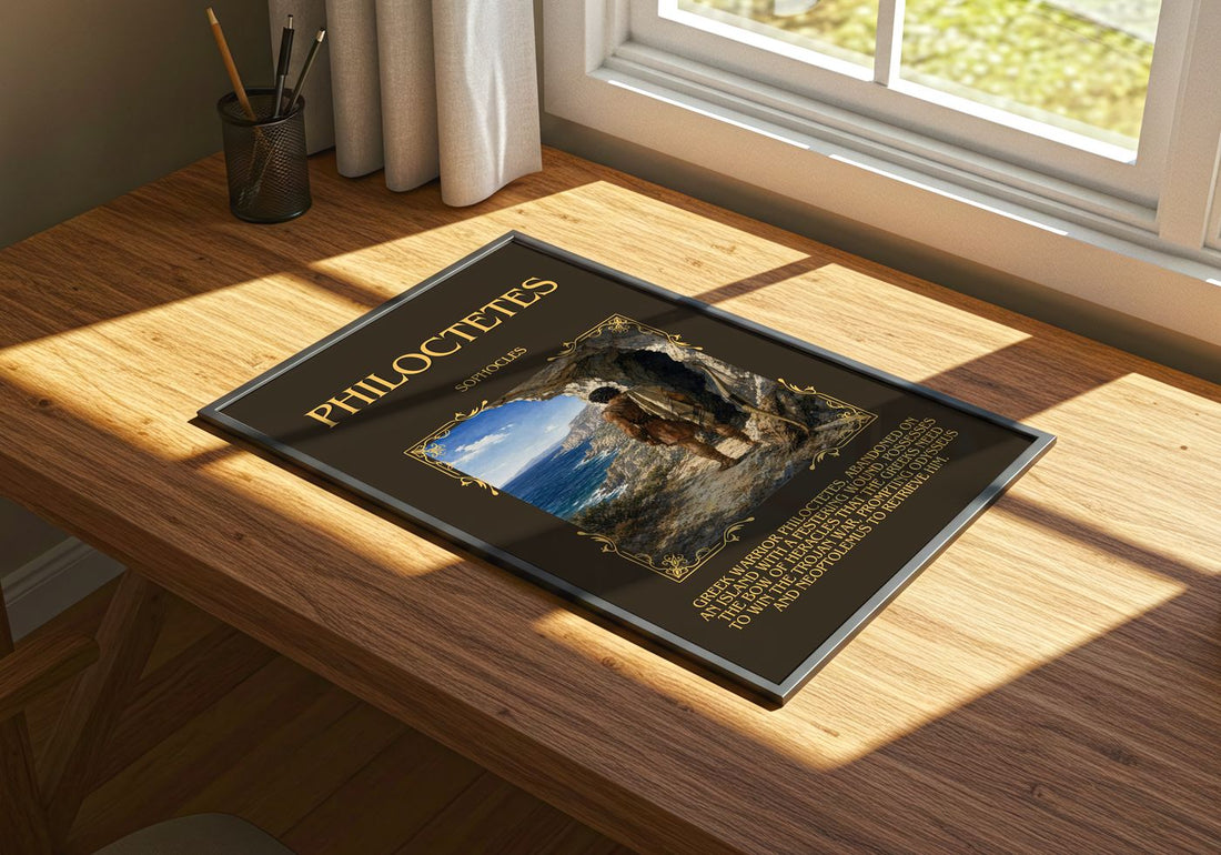 Philoctetes Minimalist Book Poster by Sophocles – print on a sunlit desk