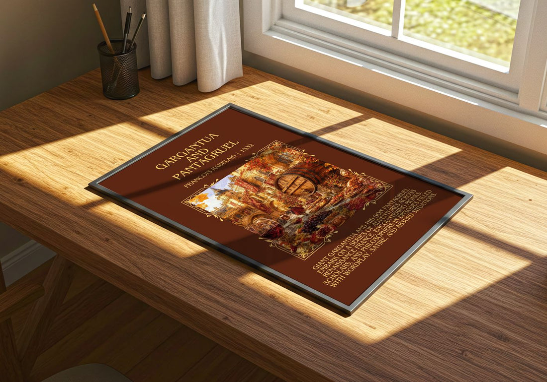 Gargantua and Pantagruel Minimalist Book Poster by Francois Rabelais – print on a sunlit desk