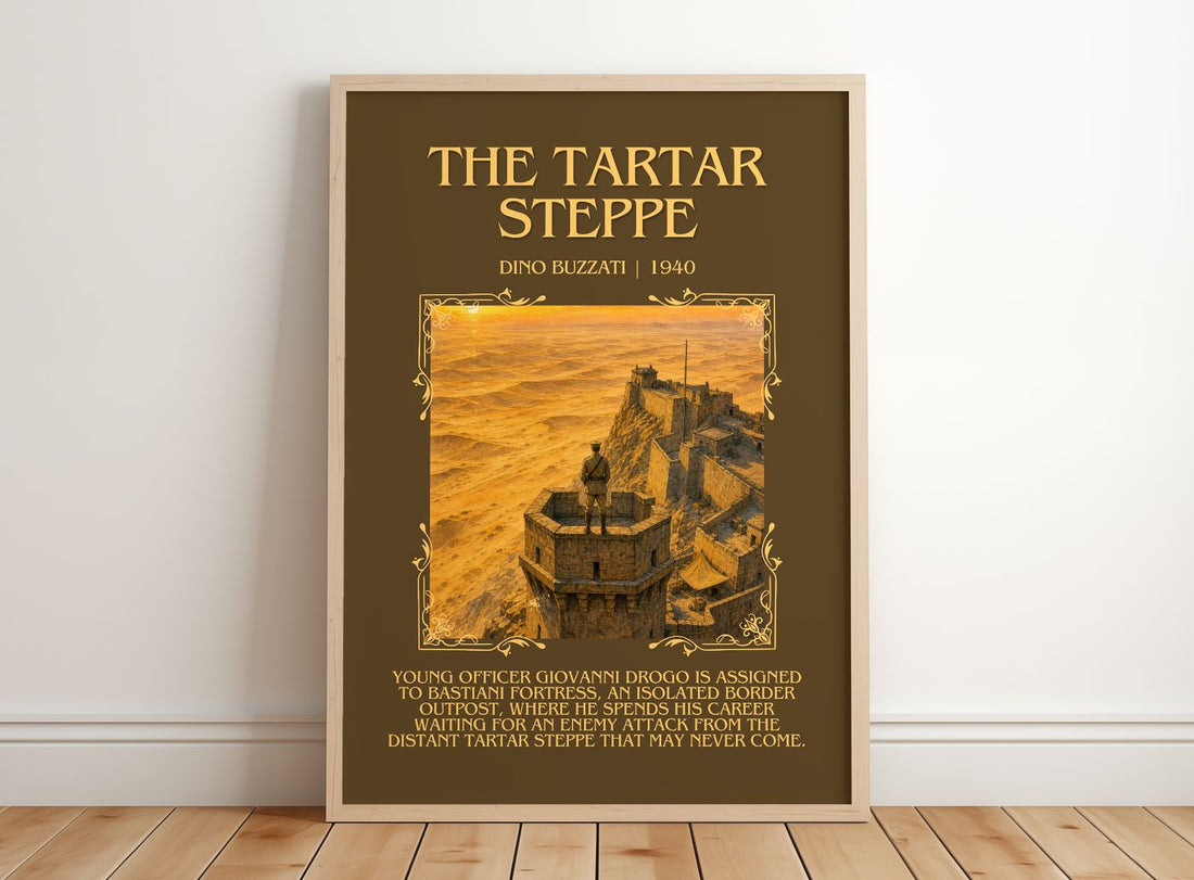 The Tartar Steppe Minimalist Book Poster by Dino Buzzati – framed print leaning on a wooden floor