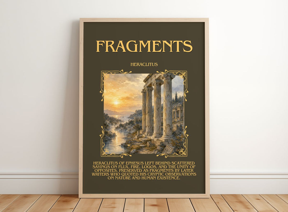 Fragments Minimalist Book Poster by Heraclitus – framed print leaning on a wooden floor