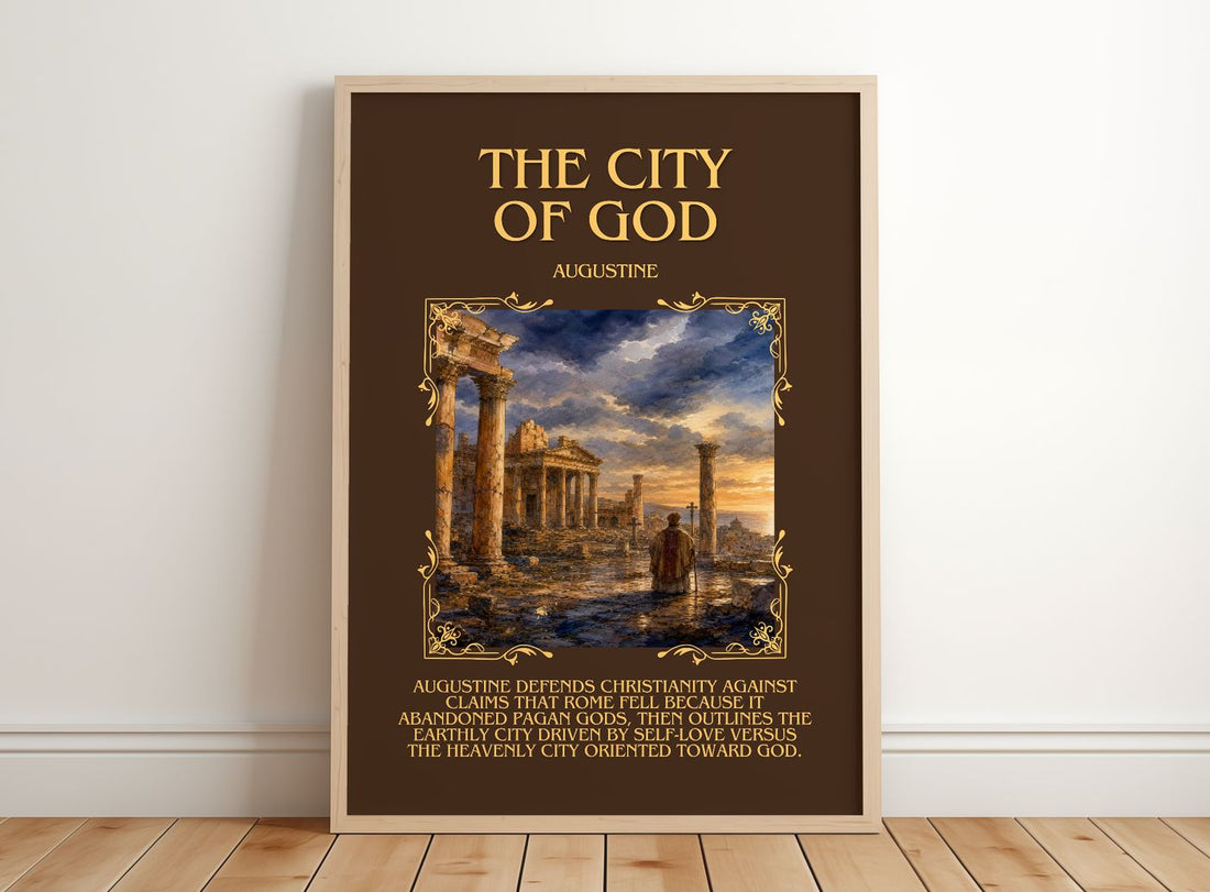 The City of God Minimalist Book Poster by Augustine – framed print leaning on a wooden floor