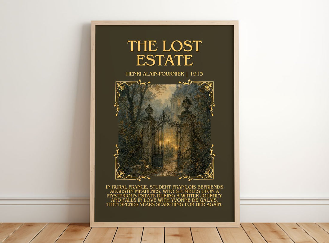 The Lost Estate Minimalist Book Poster by Henri Alain-Fournier – framed print leaning on a wooden floor