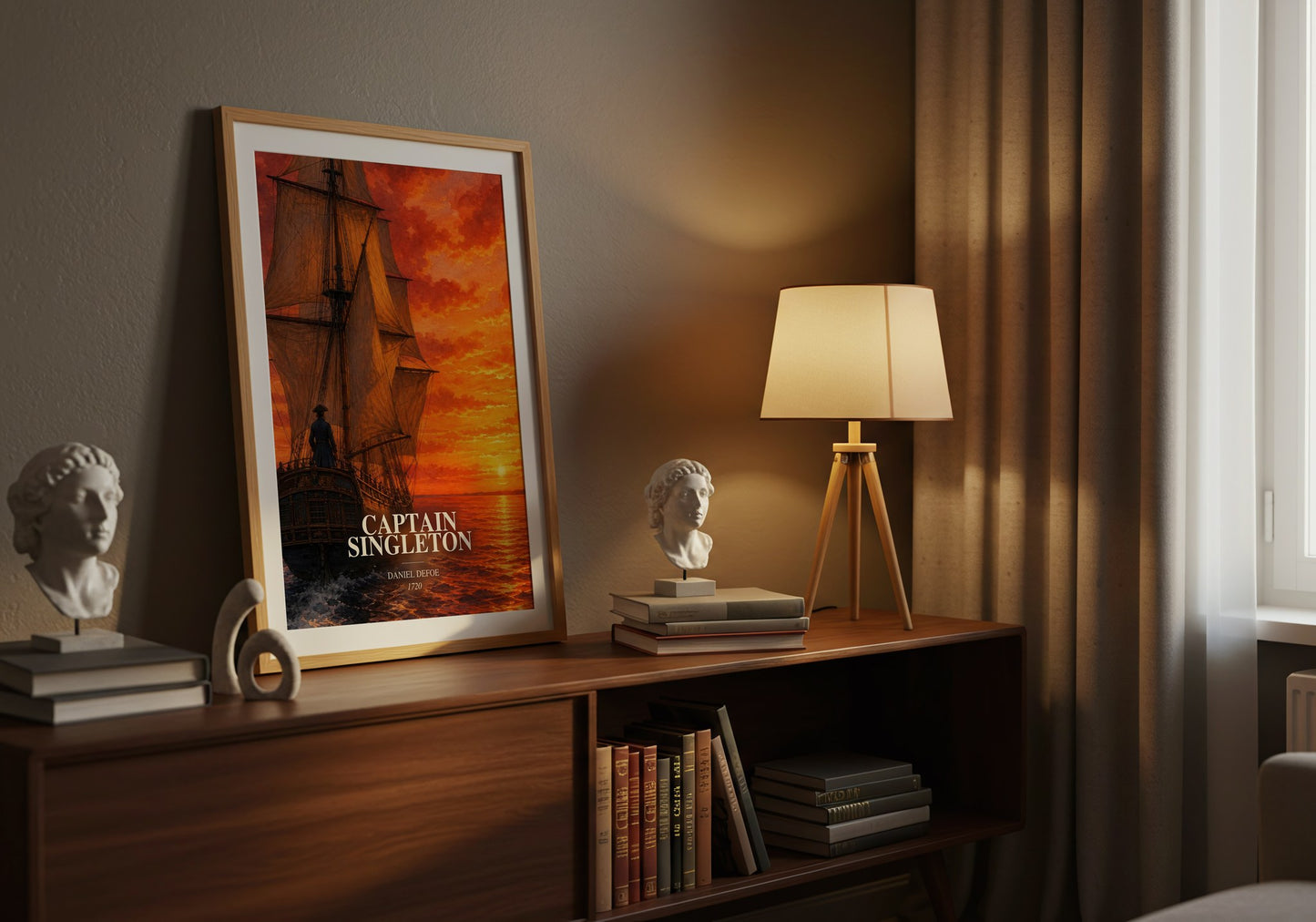 Captain Singleton watercolour print on bookshelf – Daniel Defoe fan gift