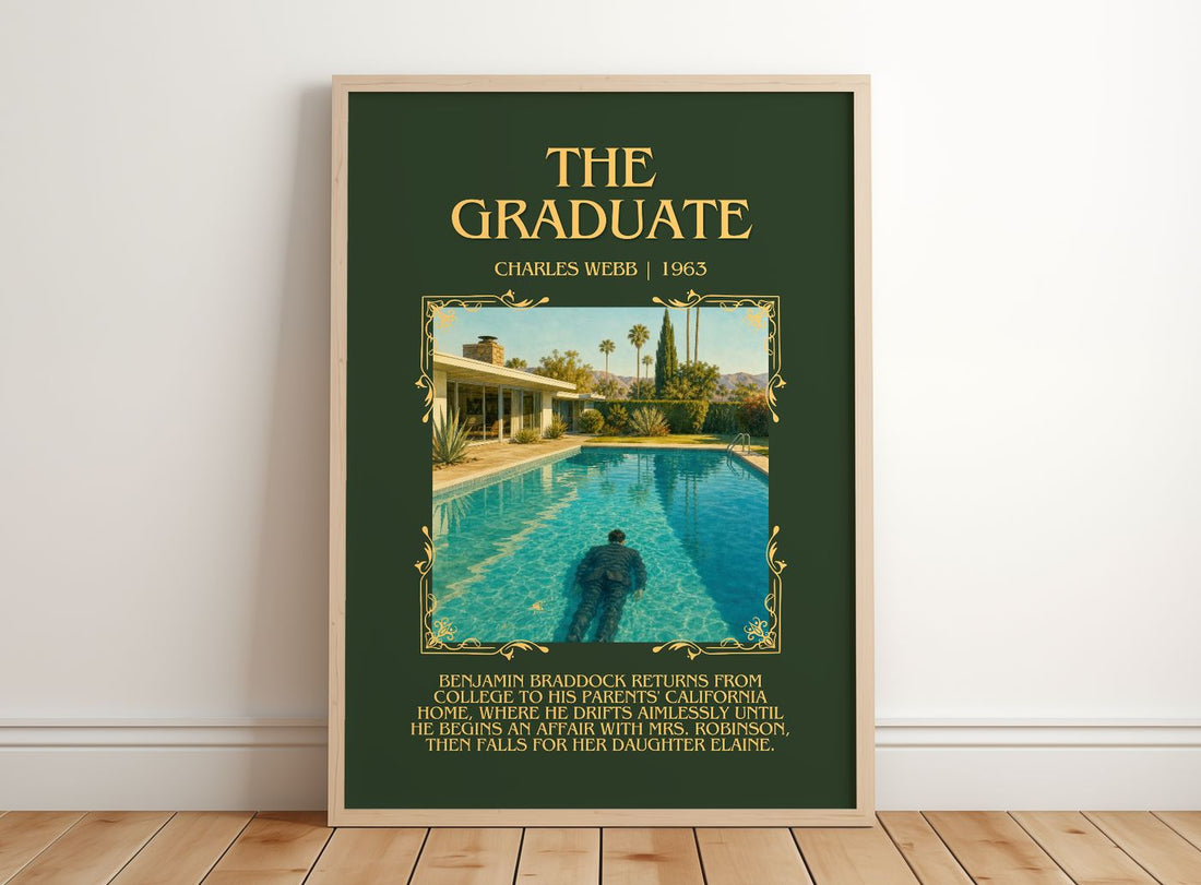 The Graduate Minimalist Book Poster by Charles Webb – framed print leaning on a wooden floor