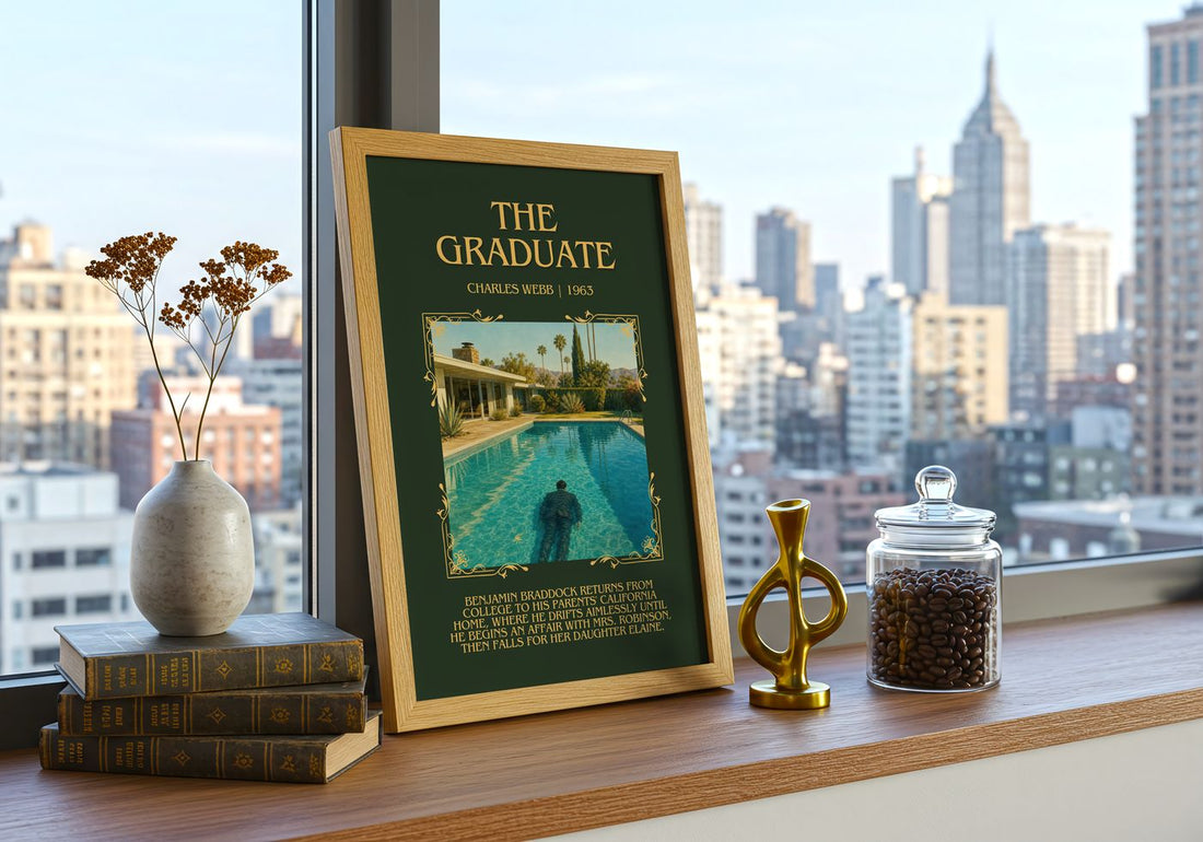 The Graduate Minimalist Book Poster by Charles Webb – framed print on a city-view windowsill