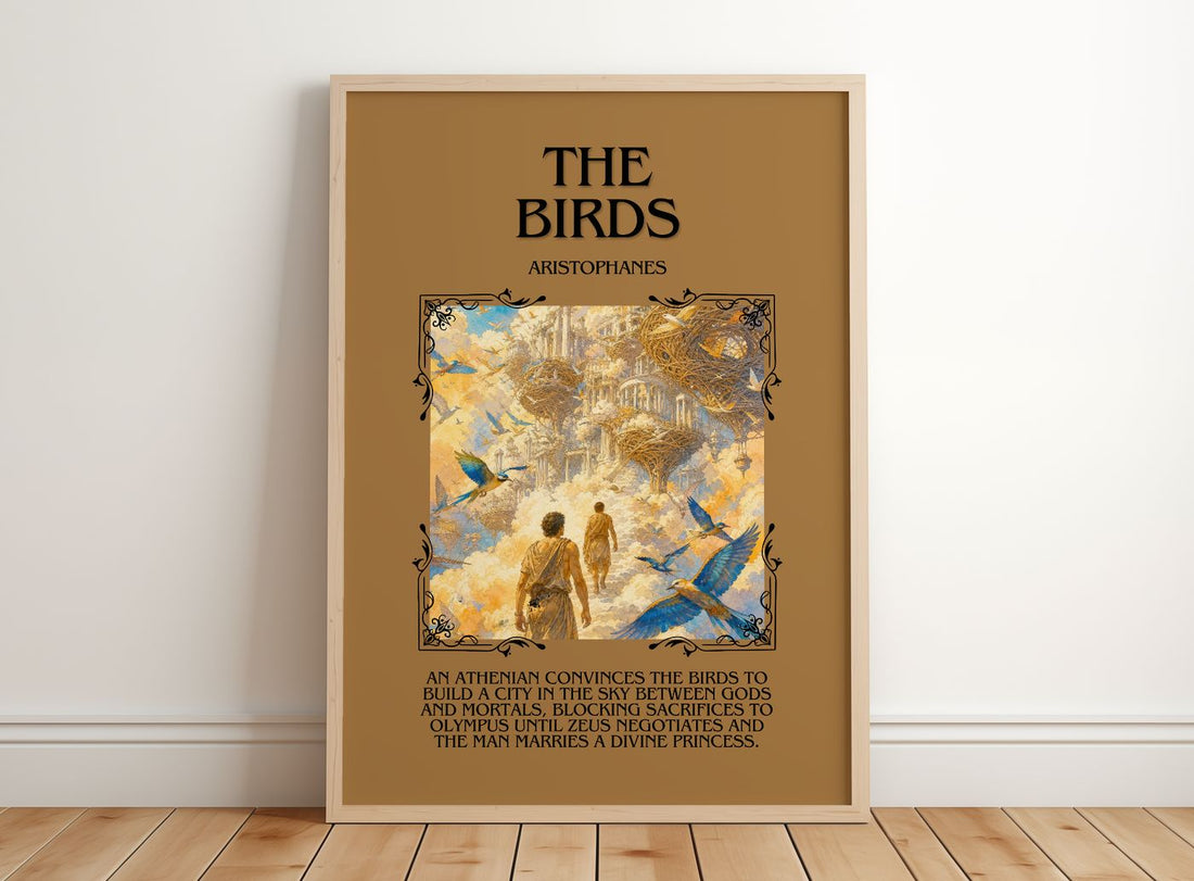 The Birds Minimalist Book Poster by Aristophanes – framed print leaning on a wooden floor