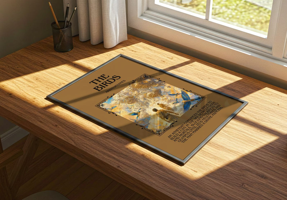 The Birds Minimalist Book Poster by Aristophanes – print on a sunlit desk