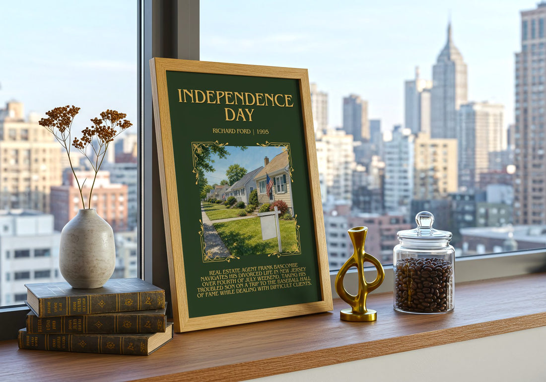 Independence Day Minimalist Book Poster by Richard Ford – framed print on a city-view windowsill