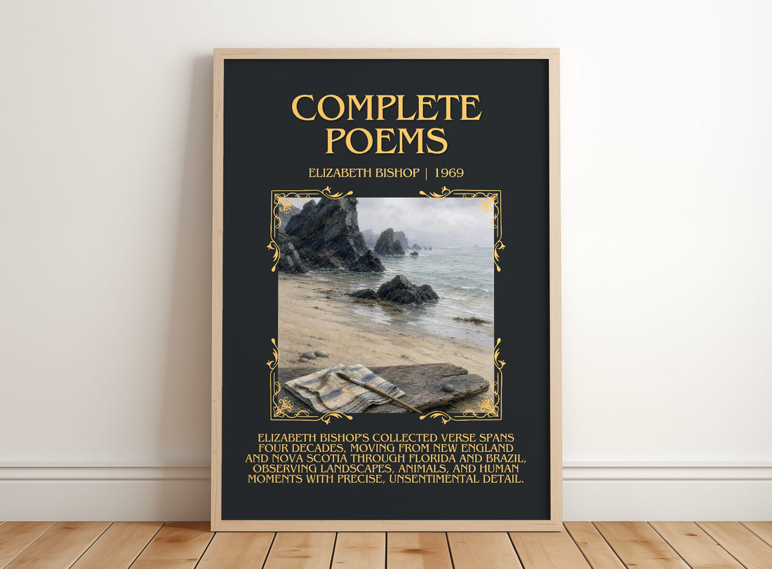 Complete Poems Minimalist Book Poster by Elizabeth Bishop – framed print leaning on a wooden floor