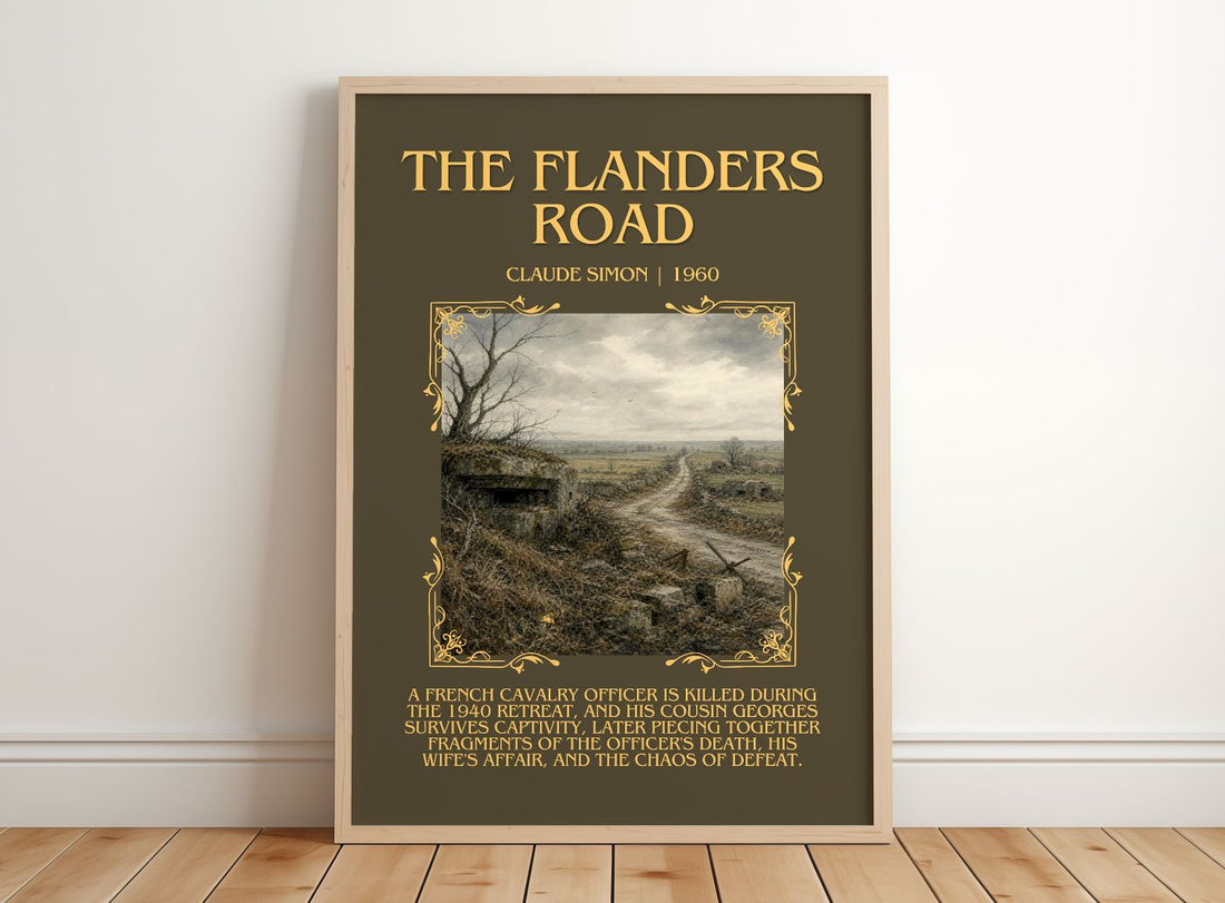 The Flanders Road Minimalist Book Poster by Claude Simon – framed print leaning on a wooden floor