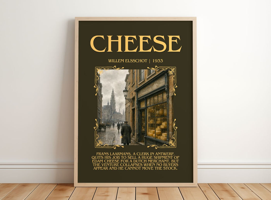 Cheese Minimalist Book Poster by Willem Elsschot – framed print leaning on a wooden floor