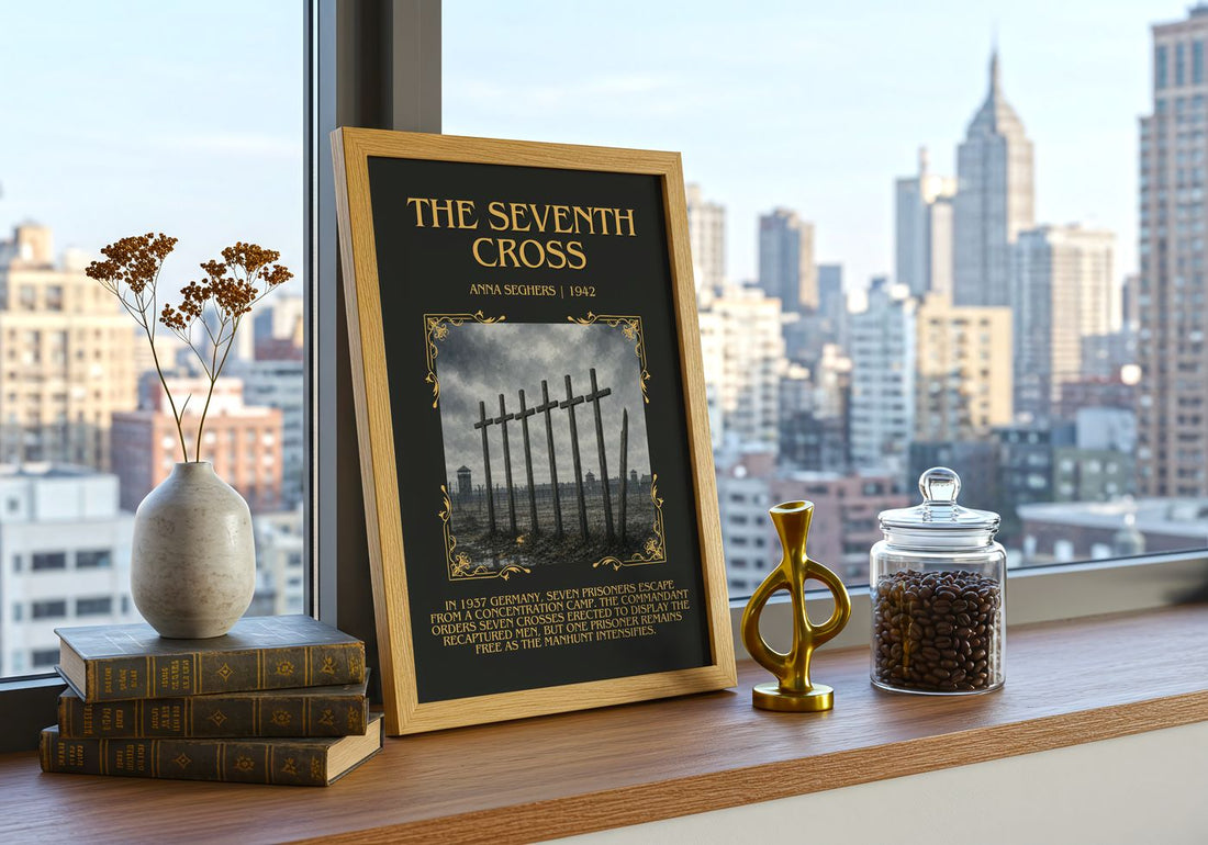 The Seventh Cross Minimalist Book Poster by Anna Seghers – framed print on a city-view windowsill