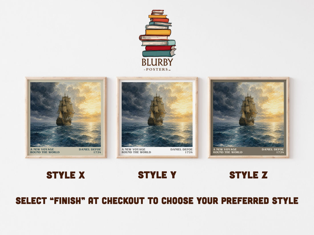 A New Voyage Round The World literary print in frame leaning in hallway – adventure wall art (mockup)