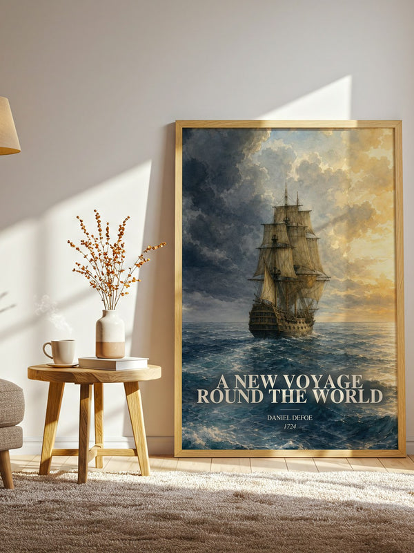 A New Voyage Round The World watercolour print in frame leaning in hallway – adventure wall art
