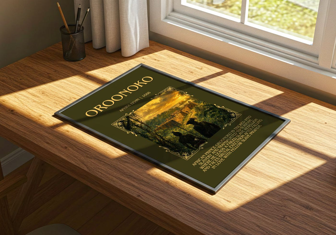 Oroonoko Minimalist Book Poster by Aphra Behn – print on a sunlit desk