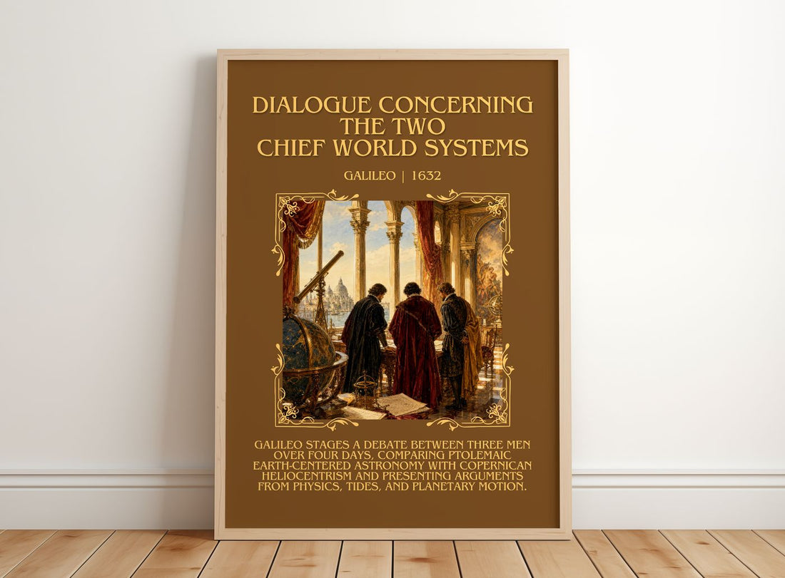 Dialogue Concerning the Two Chief World Systems Minimalist Book Poster by Galileo – framed print leaning on a wooden floor