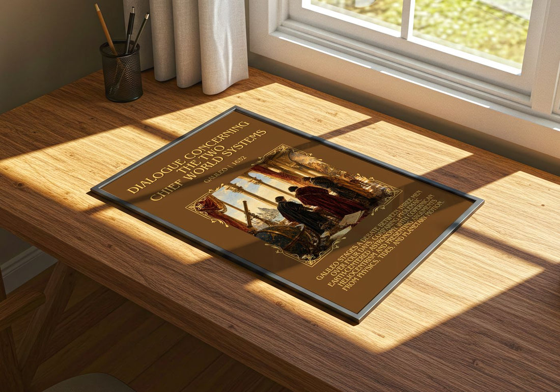 Dialogue Concerning the Two Chief World Systems Minimalist Book Poster by Galileo – print on a sunlit desk