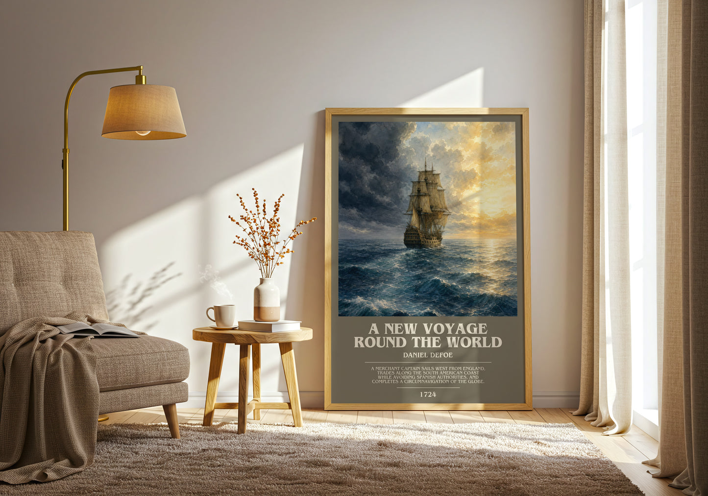 A New Voyage Round The World bookish print on bookshelf – Daniel Defoe fan gift