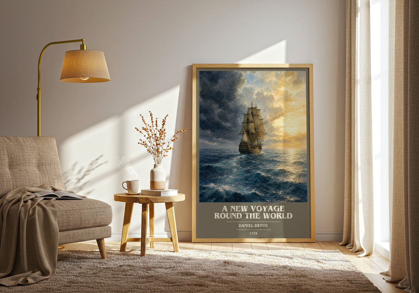 A New Voyage Round The World book cover print on bookshelf – Daniel Defoe fan gift