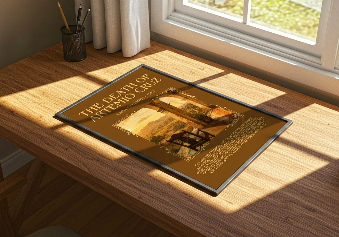 The Death of Artemio Cruz Minimalist Book Poster by Carlos Fuentes – print on a sunlit desk