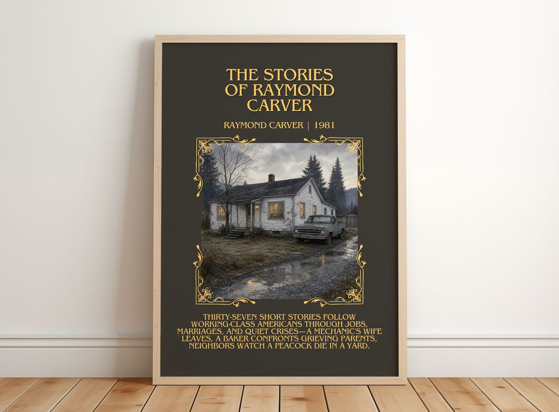 The Stories of Raymond Carver Minimalist Book Poster by Raymond Carver – framed print leaning on a wooden floor