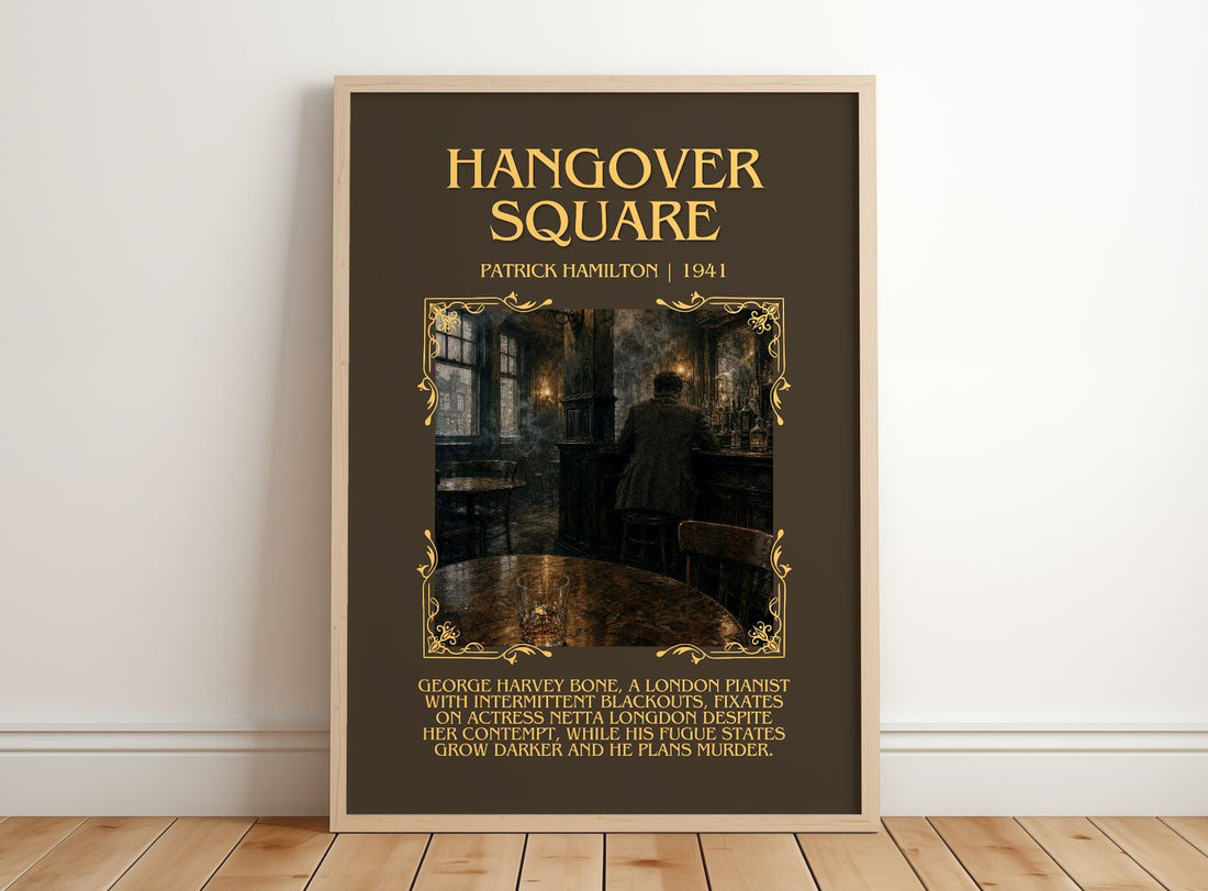 Hangover Square Minimalist Book Poster by Patrick Hamilton – framed print leaning on a wooden floor
